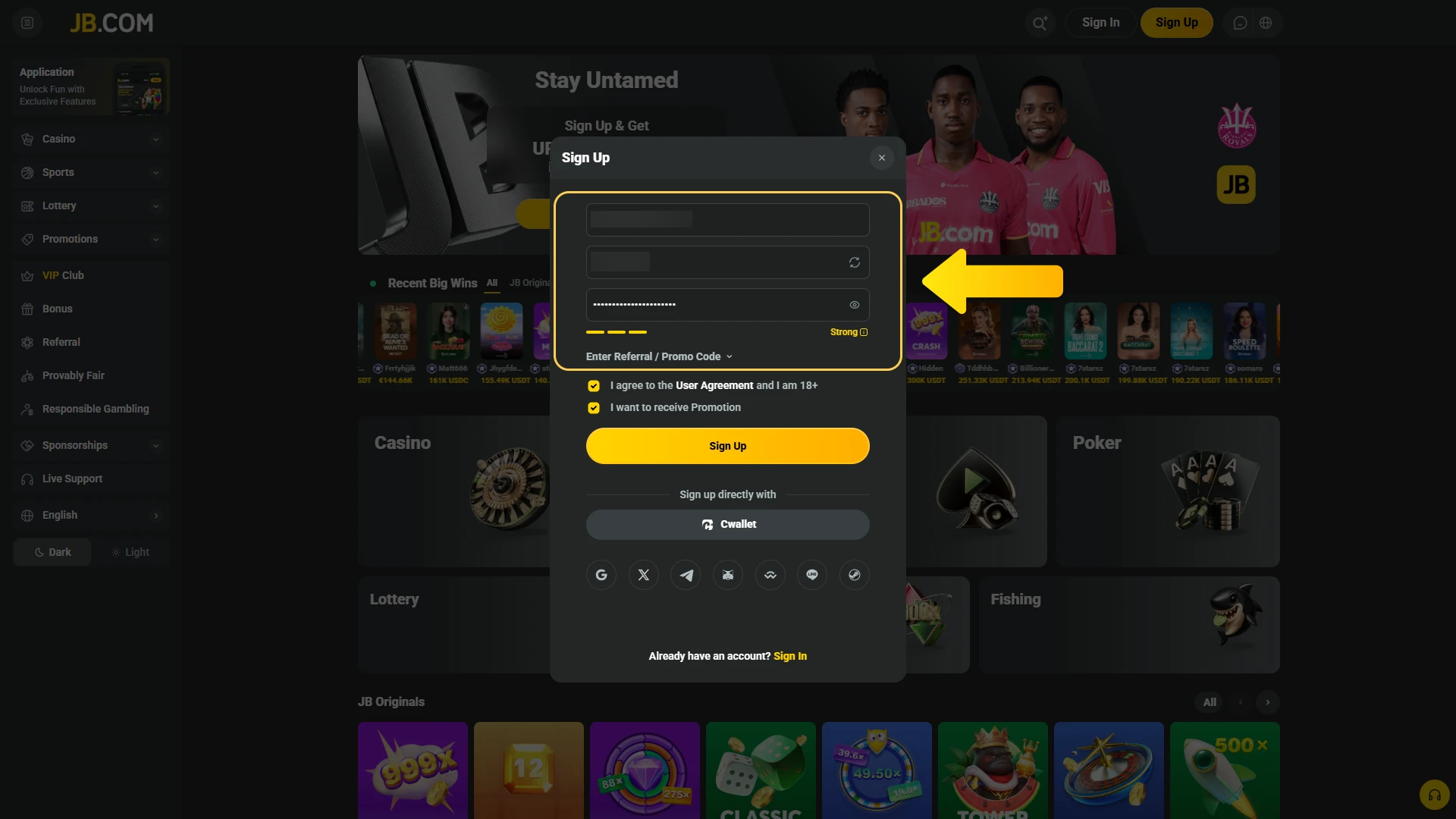 Enter your personal information to create a profile at JB Casino.