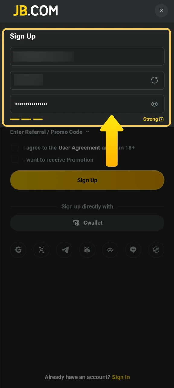 Enter your contact data to create a JB Casino account.