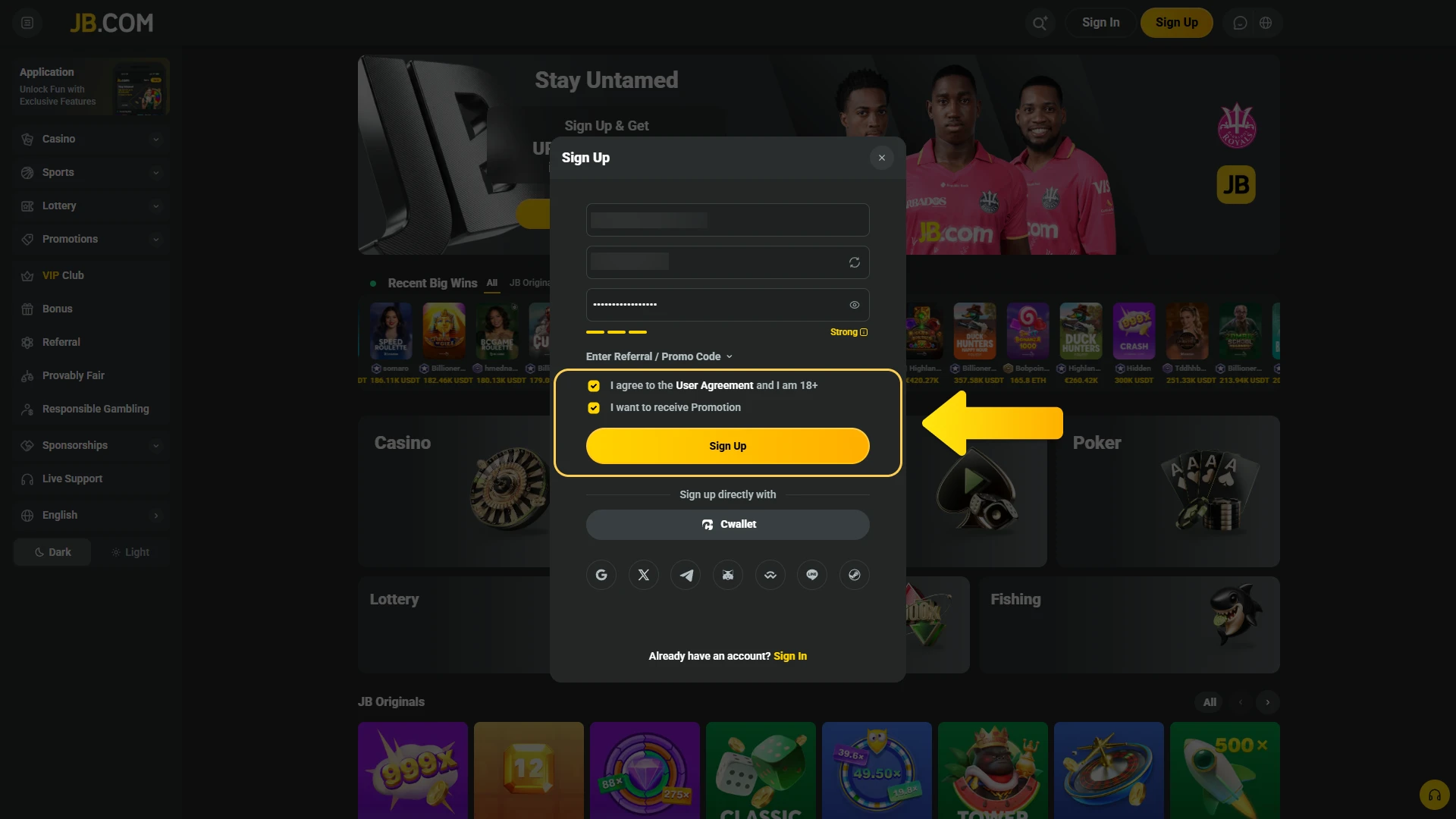 Finalize your JB Casino settings and agree to the user terms.