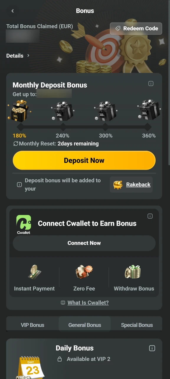 Select your preferred casino or sports bonus from the list.