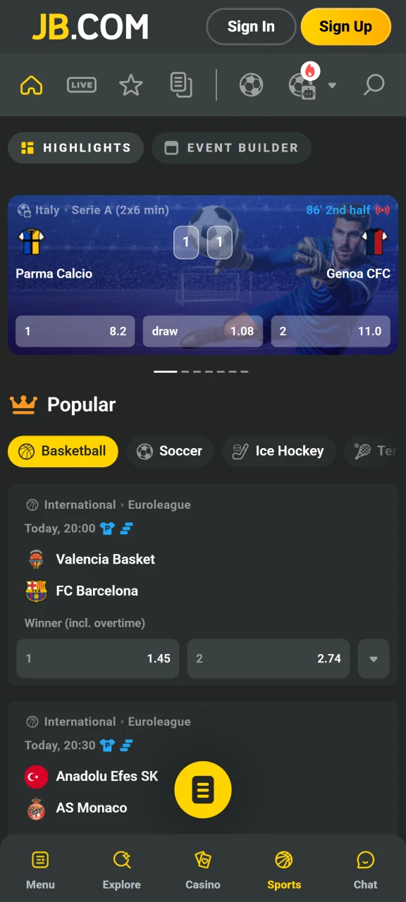 Visit the JB Casino sport category to check competitive odds on global matches.