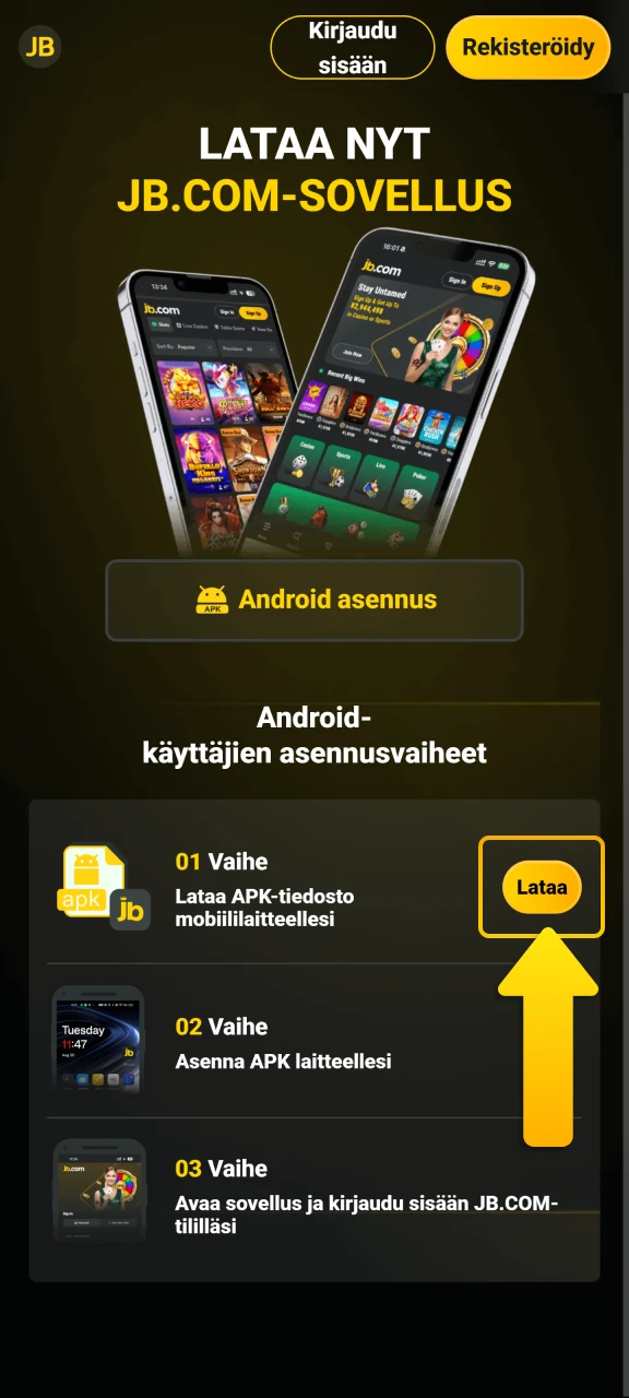 Aloita latausprosessi klikkaamalla Sovellus-painiketta JB Casino -sivuston ylävalikosta.