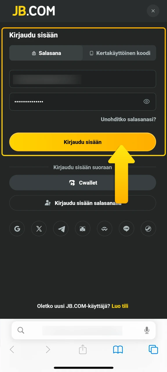 Rekisteröidy tai kirjaudu sisään JB Casino -tilillesi ennen sovelluksen pikakuvakkeen luomista.
