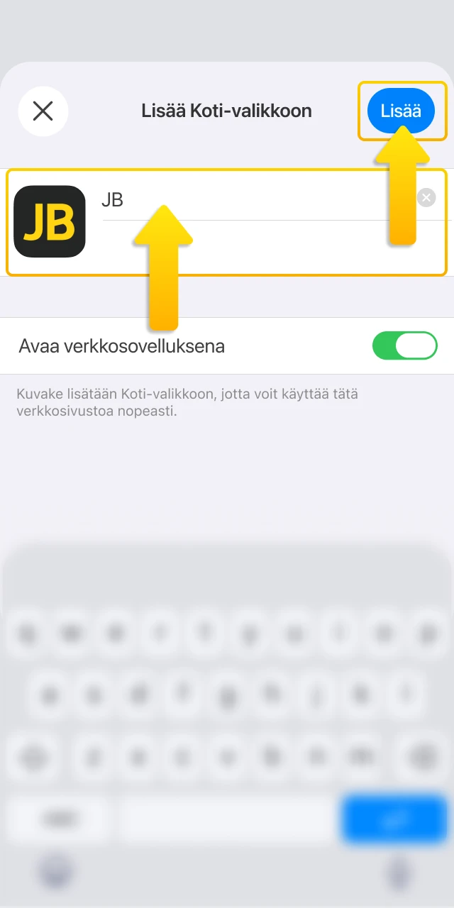 Valitse valikosta Lisää aloitusnäyttöön, jotta voit avata JB Casino -sovelluksen yhdellä napautuksella.