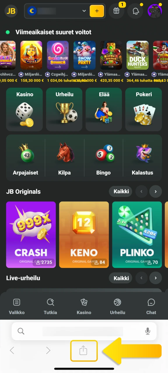 Paina selaimen alareunassa olevaa Jaa-painiketta lisätäksesi JB Casino -palvelun puhelimeesi.