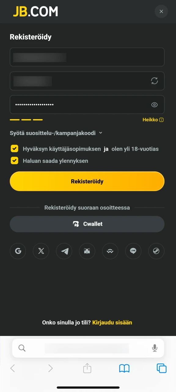 Luo uusi JB Casino -pelitili täyttämällä tarvittavat tiedot ennen sovelluksen tallentamista.