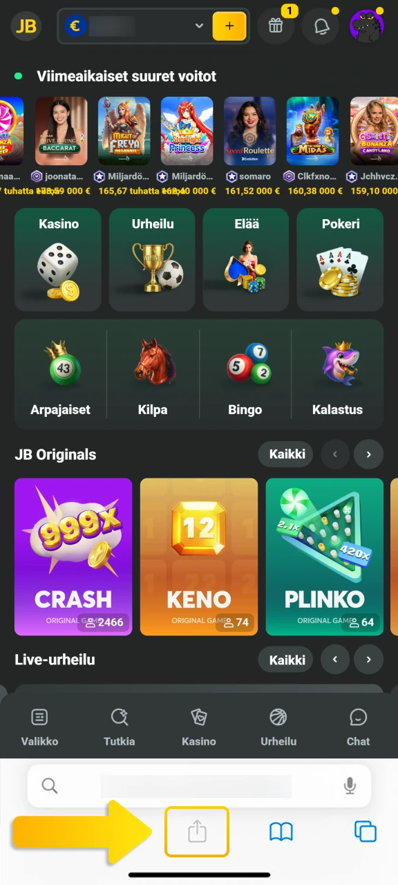 Avaa Safari-selaimen valikko napauttamalla Jaa-kuvaketta asentaaksesi JB Casino -pikakuvakkeen.