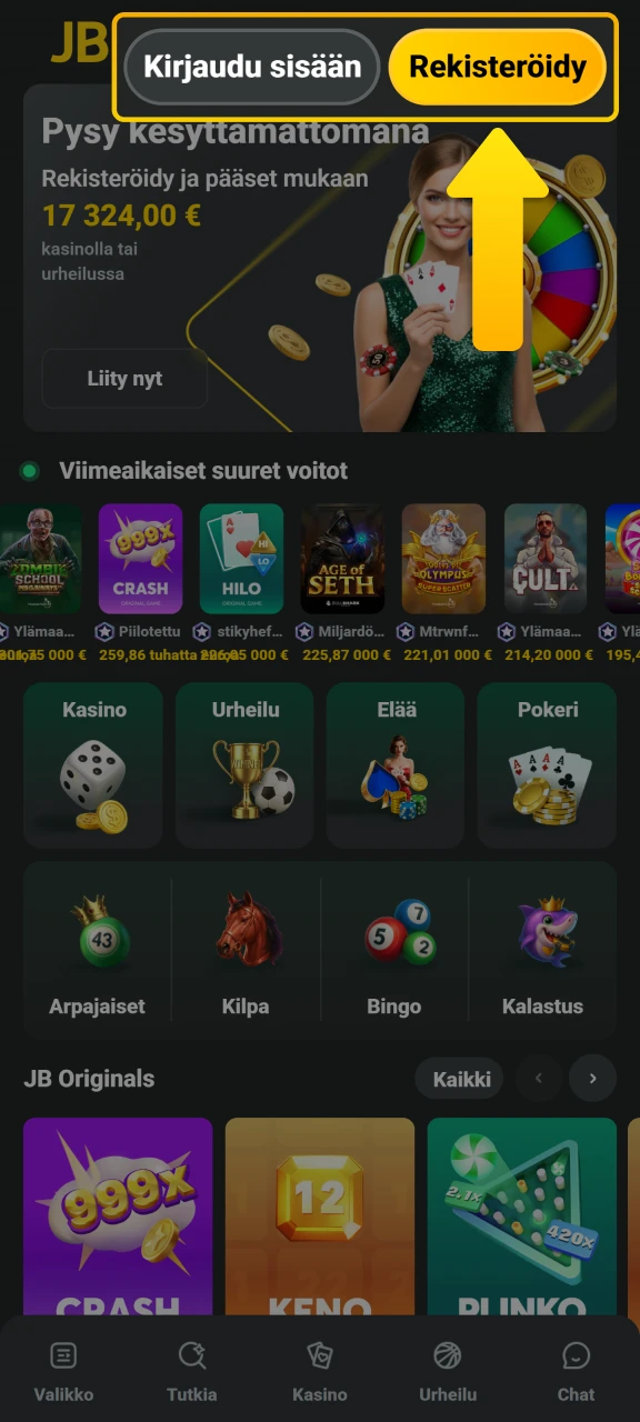 Aloita rekisteröityminen klikkaamalla Rekisteröidy JB Casino -painiketta tällä sivustolla.