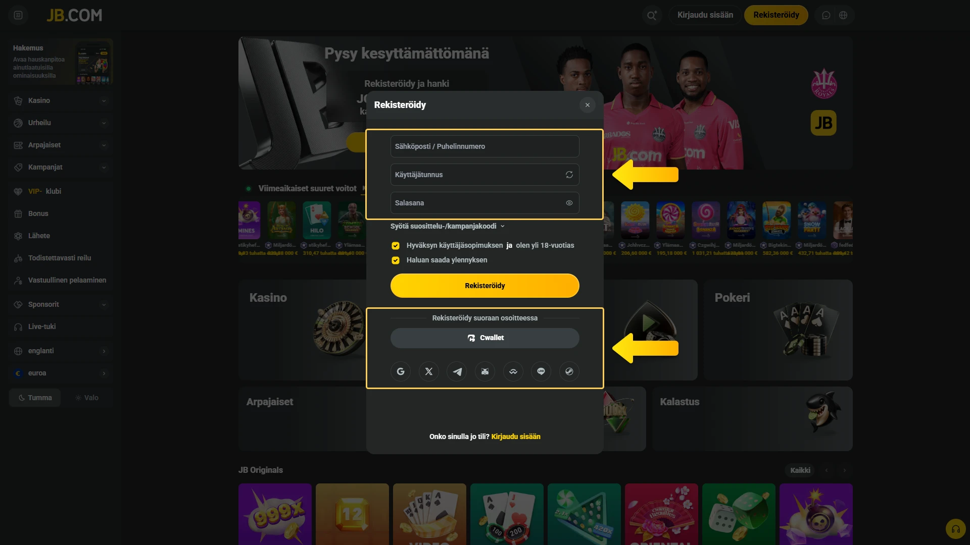 Aloita rekisteröityminen klikkaamalla painiketta ja valitse itsellesi sopivin tapa luoda JB Casino -tili.