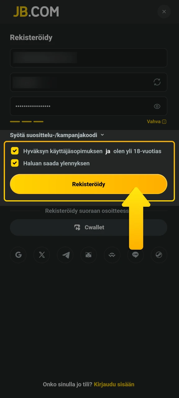 Hyväksy JB Casino -käyttöehdot ja vahvista täysi-ikäisyytesi jatkaaksesi tilin luomista.