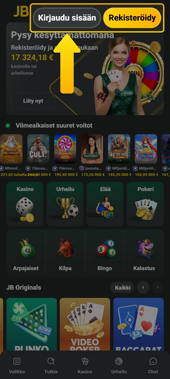 Kirjaudu sisään JB Casino -tilillesi ja tee ensitalletus lunastaaksesi tervetuliaisbonuksesi.