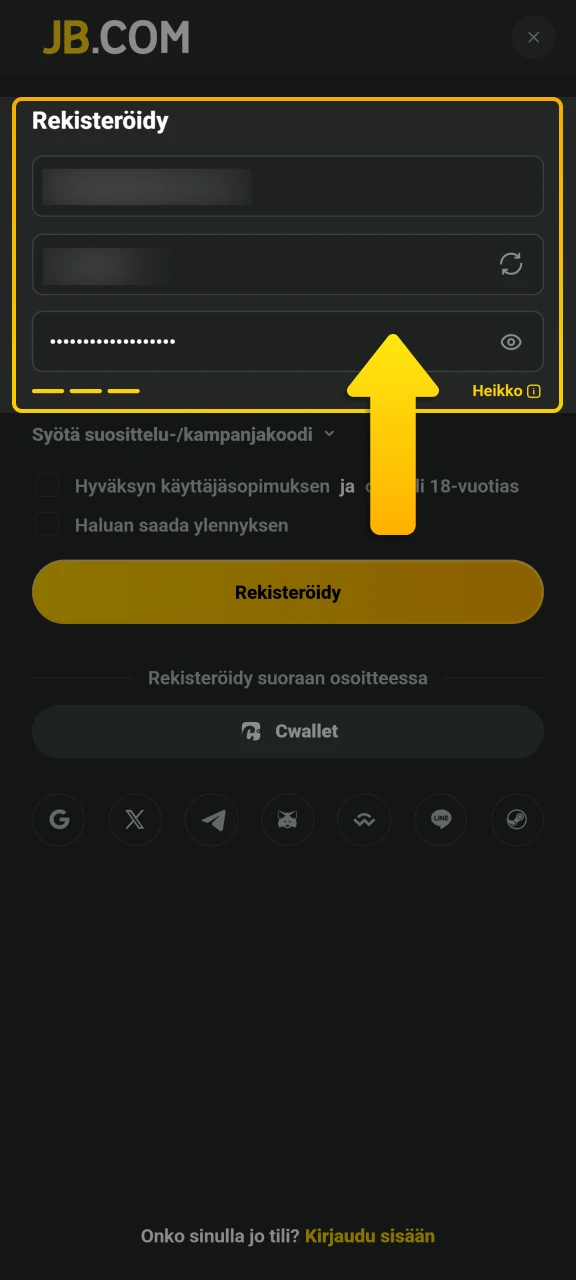 Täytä rekisteröintilomake salasanallasi ja perustiedoillasi avataksesi tilin JB Casino.
