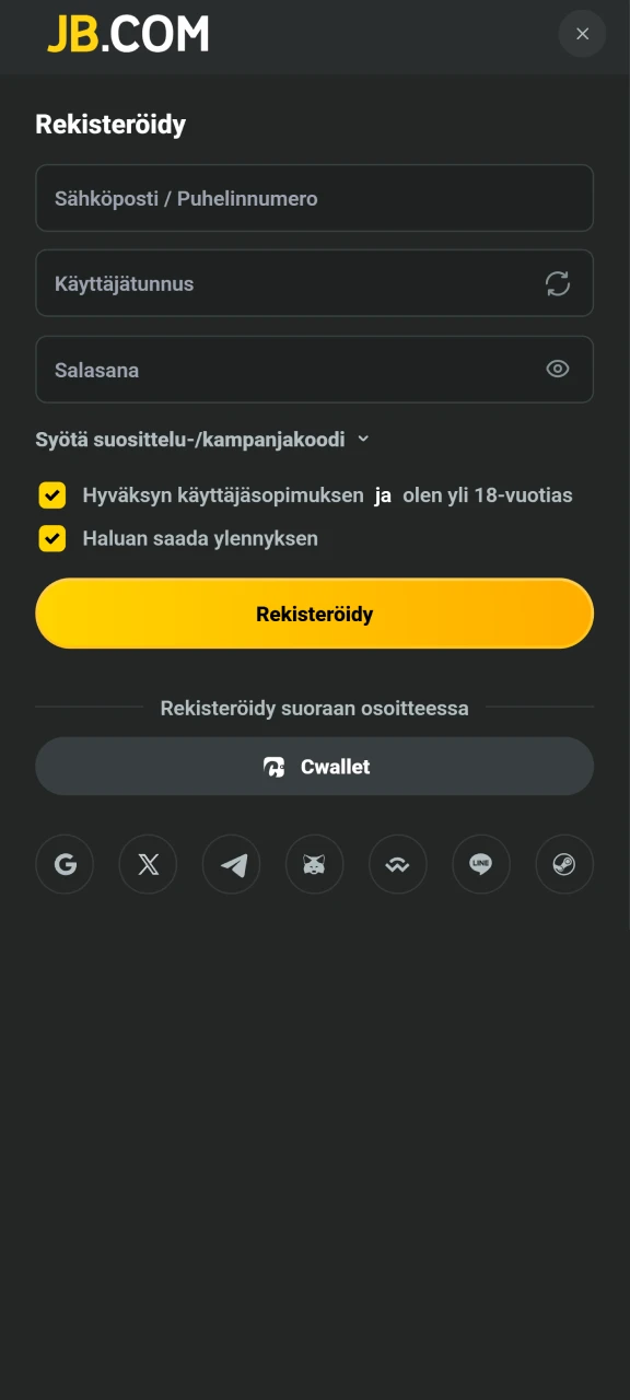 Avaa uusi pelitili helposti ja nopeasti JB Casino rekisteröitymissivulla.
