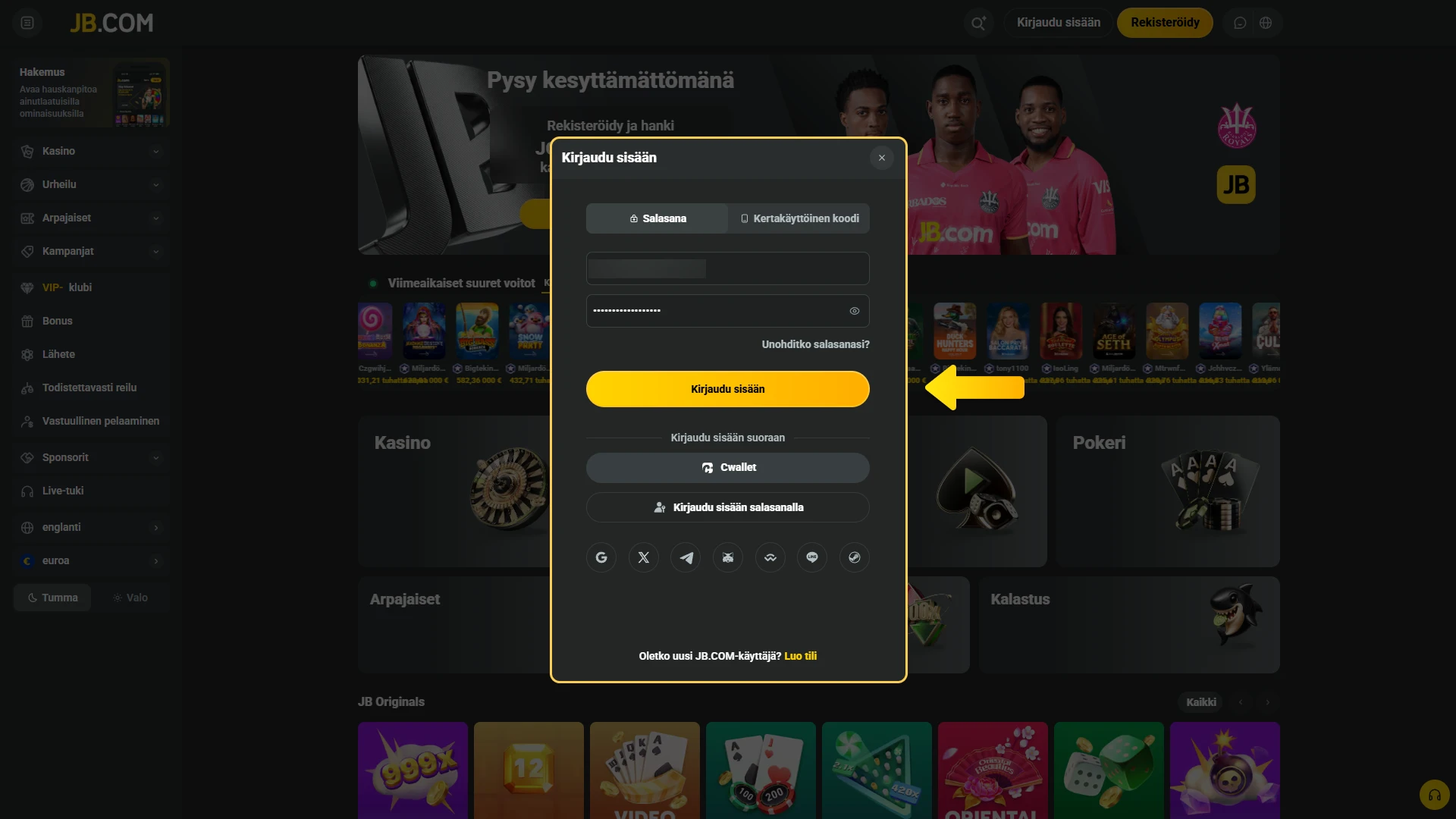 Käytä juuri luomiasi tunnuksia ja kirjaudu sisään uudelle JB Casino -pelitilillesi.