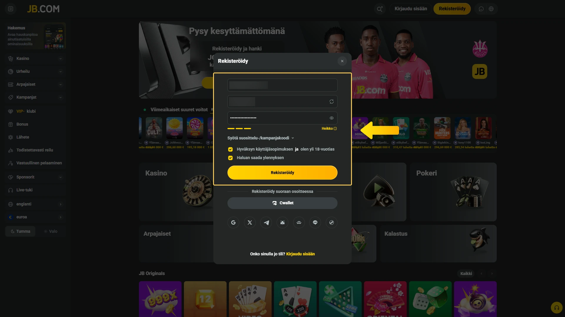 Syötä tarvittavat henkilötiedot ja valitse turvallinen salasana JB Casino -profiiliasi varten.