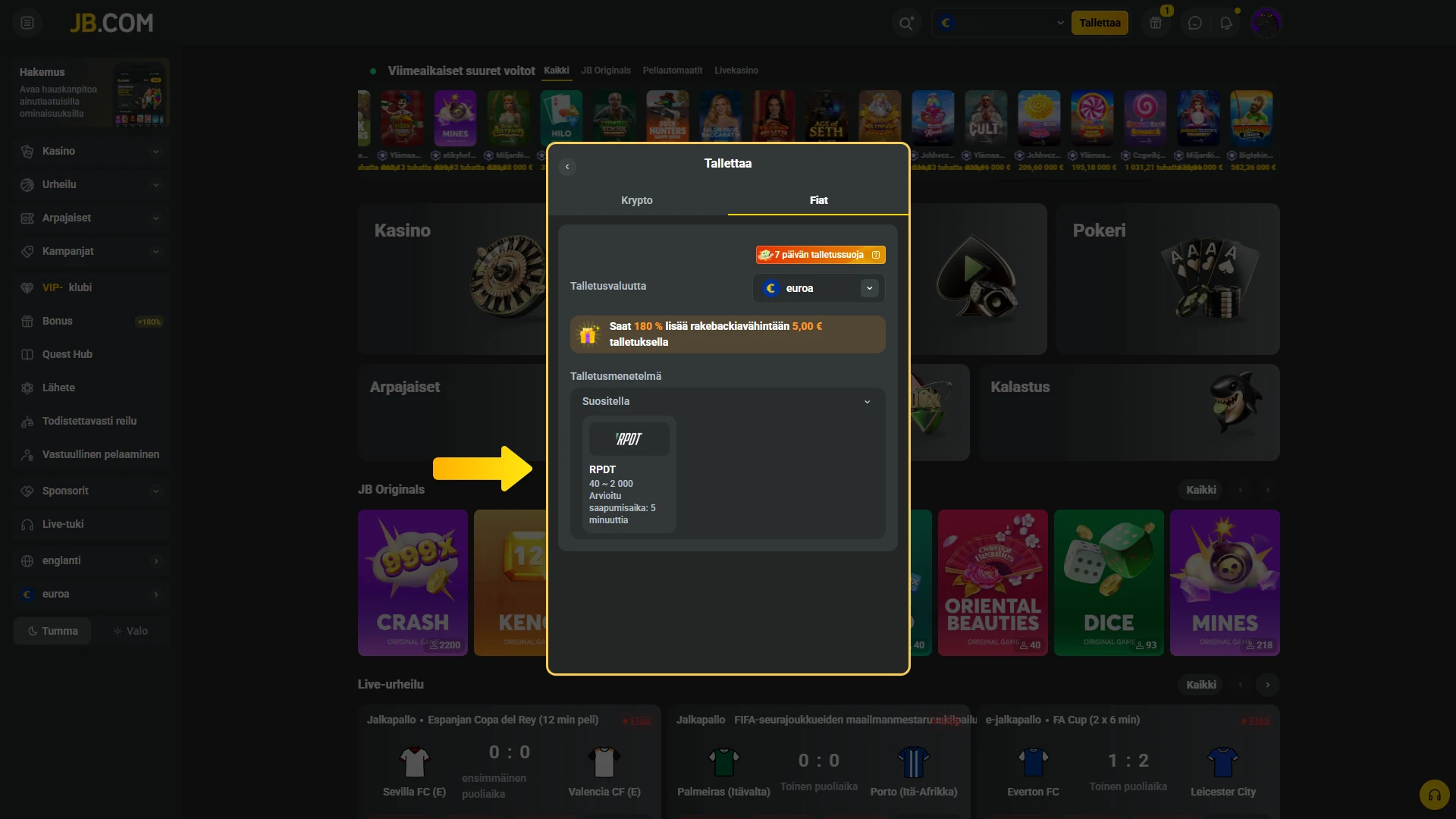 Valitse haluamasi maksutapa ja tee ensimmäinen talletuksesi aktivoidaksesi JB Casino -tervetuliaisbonuksen.