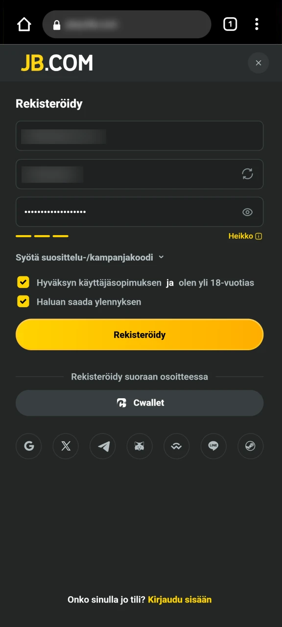 Luo uusi JB Casino -pelitili syöttämällä tietosi ja vahvistamalla rekisteröityminen koodilla tai linkillä.