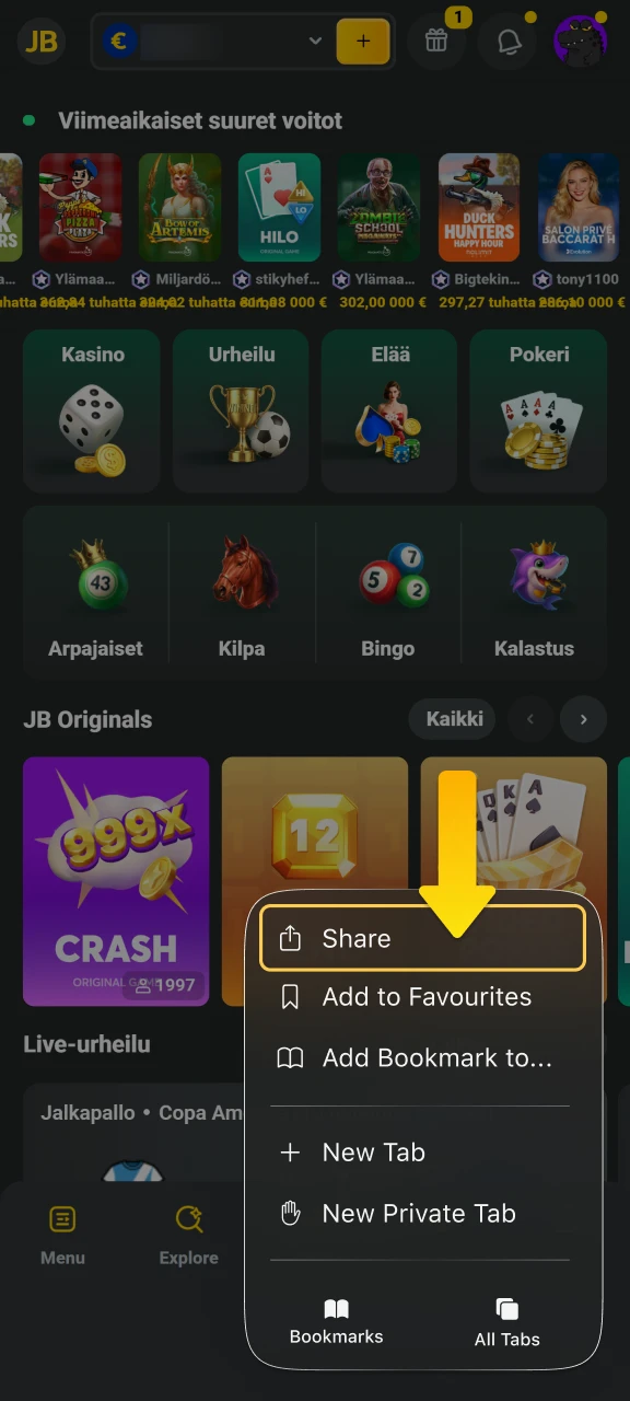 Avaa Safari-selaimen valikko napauttamalla Jaa-kuvaketta, jotta voit lisätä JB Casino -sivuston puhelimeesi.