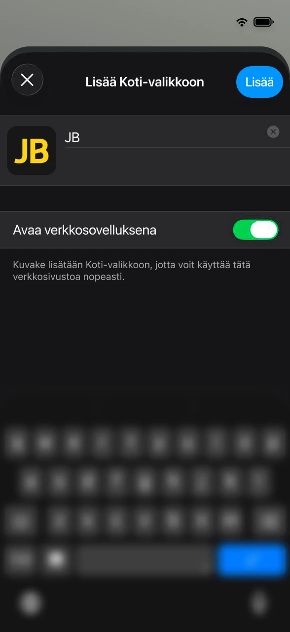 Viimeistele asennus valitsemalla Lisää kotiruutuun, jolloin JB Casino -kuvake ilmestyy sovellusten joukkoon.
