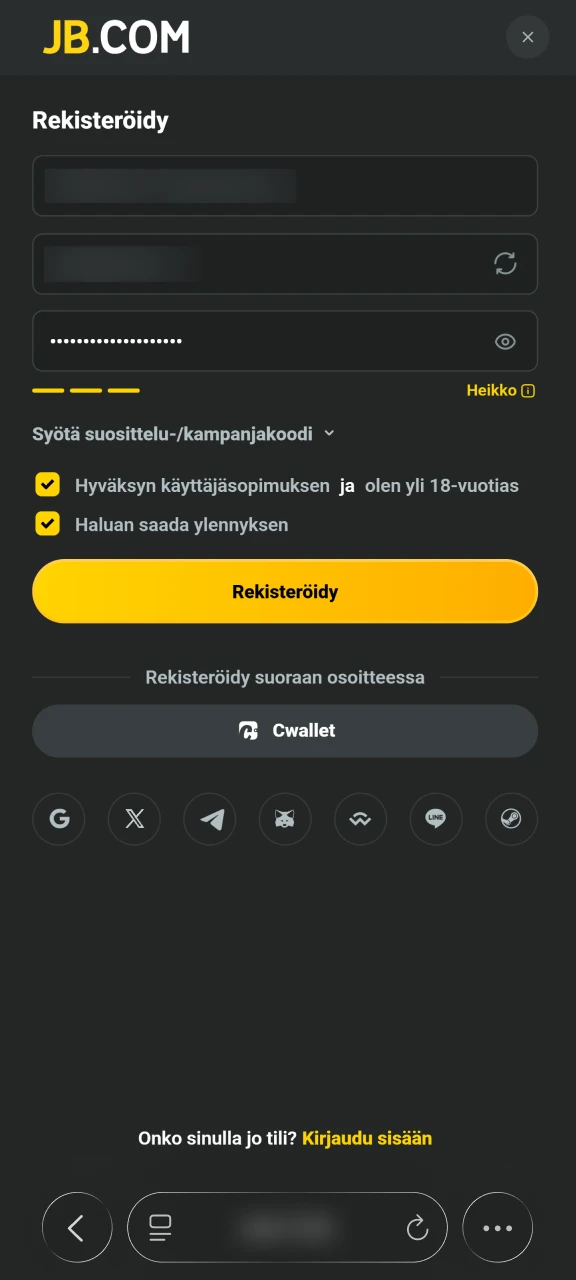 Luo uusi JB Casino -pelitili nopeasti täyttämällä yhteystietosi ja valitsemalla turvallinen salasana.