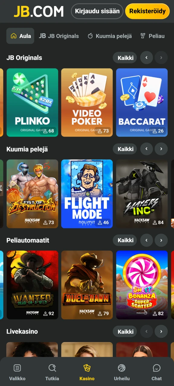 Selaa satoja kolikkopelejä ja pöytäpelejä JB Casino -sovelluksen optimoidussa kasino-osiossa.