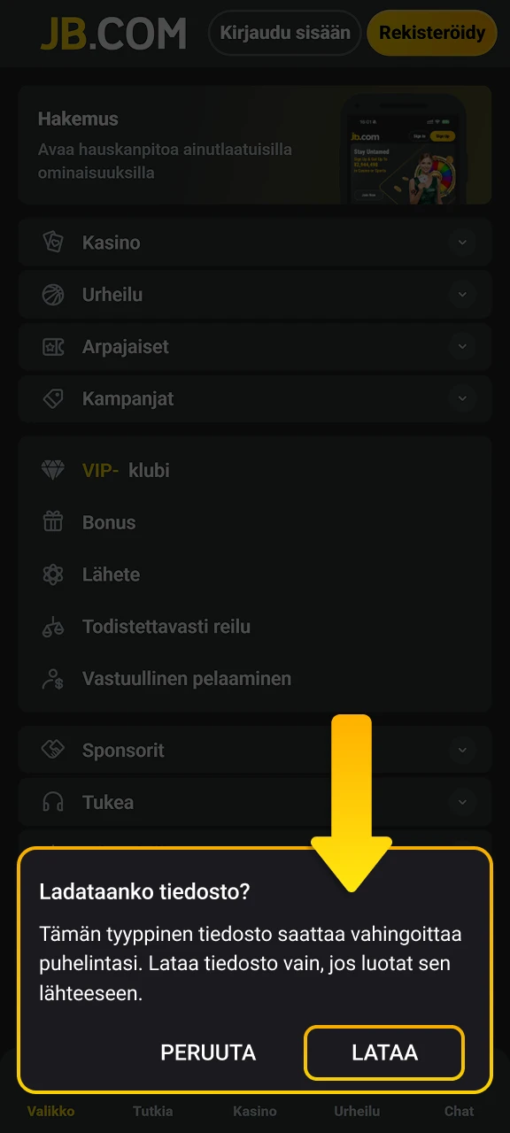 Jatka latausta hyväksymällä tiedoston tallentaminen selaimesi ponnahdusikkunassa JB Casino -sivustolla.