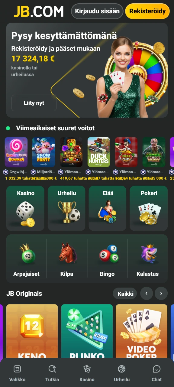 Tutustu JB Casino -sovelluksen selkeään pääsivuun, josta löydät kaikki suosikkipelisi ja vedonlyöntikohteesi.