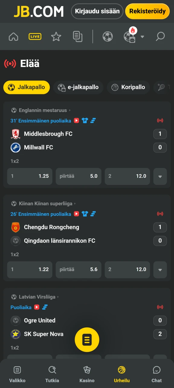 Aseta vetoja livenä tai ennakkoon JB Casino -sovelluksen kattavassa urheiluvedonlyönnissä.