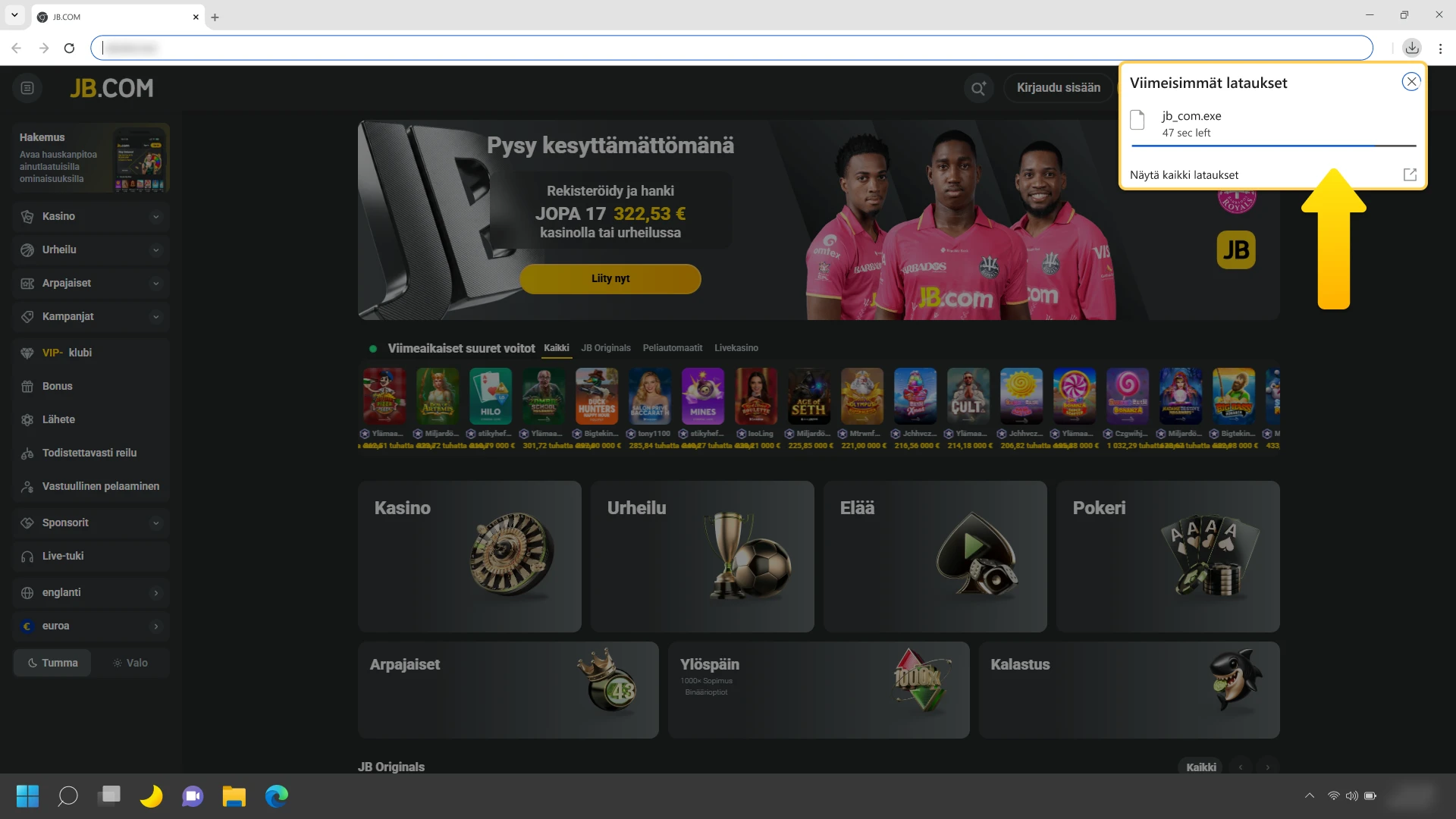 Lataa virallinen JB Casino -asennustiedosto Windows-tietokoneellesi suoraan tältä sivulta.